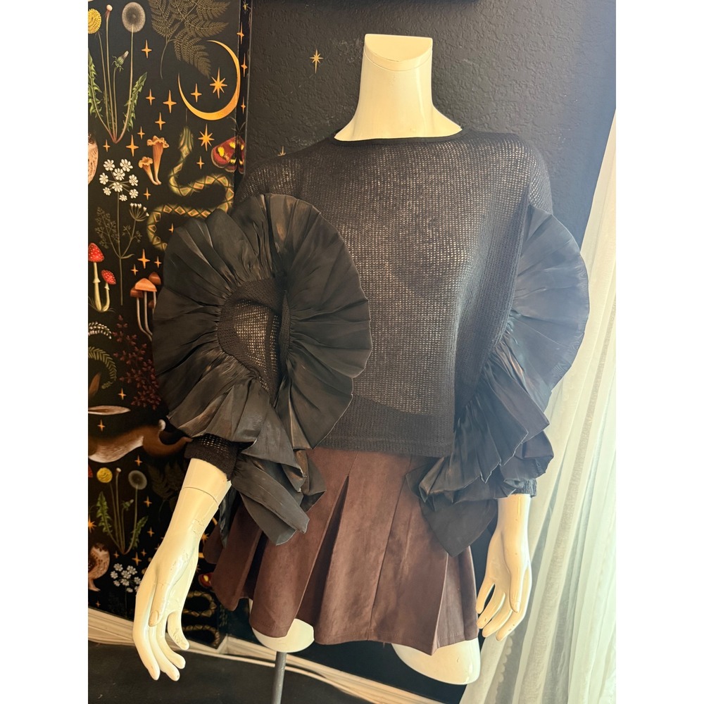 Adhwitiya Black Sheer Open Knit Sweater Dramatic Oversized Ruffle Sleeve Top S